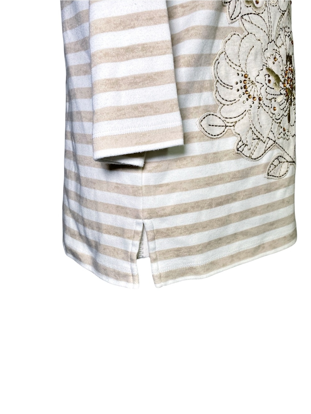 Alfred Dunner Top Size S Tan White Striped Floral Embellished 3/4 Sleeve - Picture 7 of 13